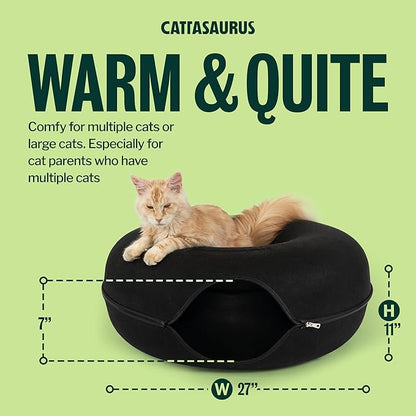 Cattasaurus Peekaboo Cat Cave Donut for Multiple & Large Cats up to 30-45 lbs, 3-in-1 Self Warming Cat Bed, Tunnel & Scratcher for Indoor Cats, Washable & Detachable Small Dog Bed (Black, Jumbo)