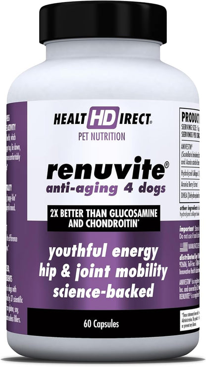 Health Direct – RenuVite 4 Dogs | Hip & Joint Supplement for Senior Dogs | Supports Mobility & Energy | Anivestin, Collagen, Aronia Berry, DHEA | 20-120 Servings, 60 Capsules