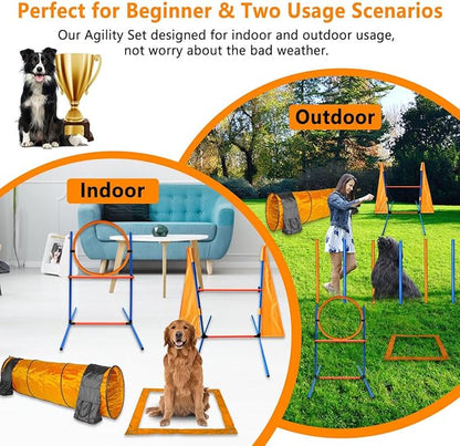 Premium Dog Agility Training Set Outdoor Indoor Game, Tire Jump + Hurdle Jump, Tunnel, Weave Poles, Pause, 2 Toy Balls, 2 Discs, 1 Whistle, 1 Bag, 2 Training Clicker Backyard Dog Obstacle Course Kit