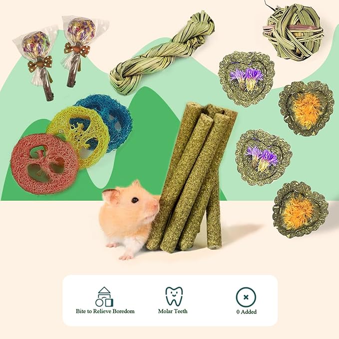 FIPASEN Rabbit Chew Toys for Teeth, 16PCS Natural Timothy Hay Chew Toy, Improve Dental Health for Bunny/Chinchilla/Guinea Pig/Hamsters/Holland Lop, Small Rodent Pet Molar Teeth Treats Toys