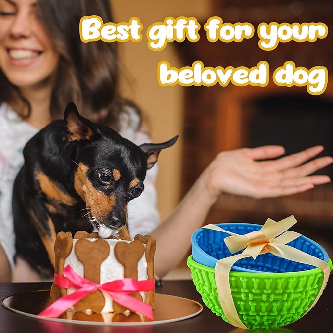 Patelai 2 Pcs Dog Enrichment Lick Bowls Silicone Freeze Bowls Interactive Cat Licking Mats Slow Feeders for Pet Oral Health Boredom Anxiety Relief, Wobble or Stay Put(Green, Blue,Bone)