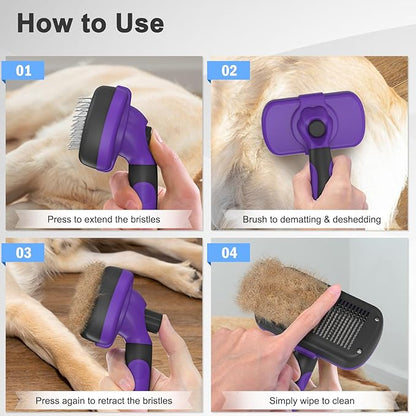Self Cleaning Cat & Dog Grooming Brush - Skin Friendly Deshedding Hair Brush for Haired Dogs & Puppies, Purple