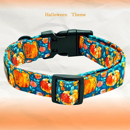 Elegant little tail Halloween Dog Collar, Pumpkin with Flower Print Blue Fall Pet Collars Cotton Soft Sturdy Puppy Collars Holiday Female Adjustable Collar for X-Small Puppy
