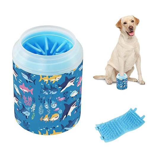 Dog Paw Cleaner Cups for Dogs Pets Foot Washer Paw Scrubber for Medium Small Cats Dogs Cleaning Cup Sharks Fishes and Seaweed Blue