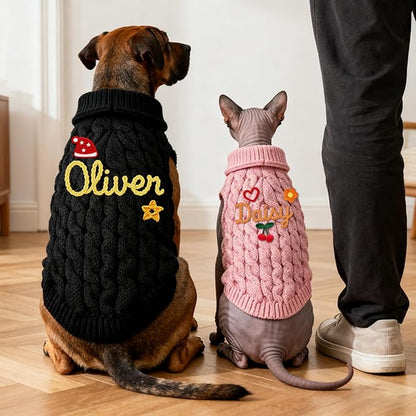 Personalized Hand Embroidered Names Dog & Cat Sweater, Custom Puppy Winter Clothes with Name, Personalized Christmas Dog Sweaters for Small &Large Pets, Birthday Xmas Gifts