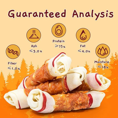 Jungle Calling Chicken Wrap Knotted Bones Dog Chews 6.5" Pack of 4, Long Lasting Beefhide Treats Real Chicken Wrap Rawhide Bones for Large Dogs Training Treats (3 Packs)