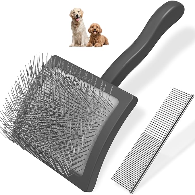 2PCS Slicker Brush for Dogs & Pet Comb,Professional Dog Grooming Brush (Goldendoodles,Poodles,Labradoodles) with Extra Long Pins to Effectively Remove Tangles, Knots and Mats (Grey, Large)