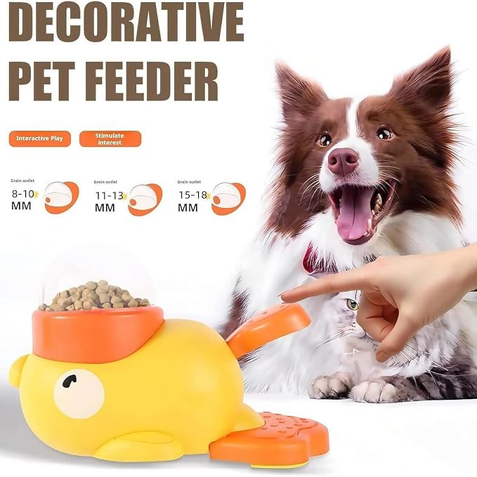 Fuzzibud Duckie Cat Feeder, Fuzzibud Duck Cat Treat Dispenser, Dog Cat Treat Dispenser with Button Duck-Shaped Dog Interactive Slow Feeder for Pet Healthy Eating & Iq Training (White+Yellow)