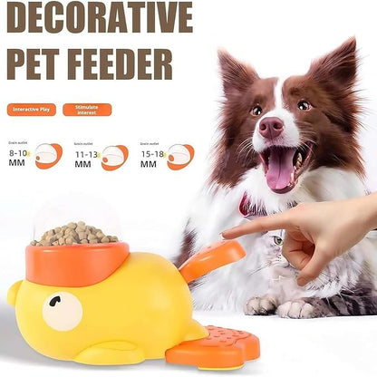 Fuzzibud Duckie Cat Feeder, Fuzzibud Duck Cat Treat Dispenser, Dog Cat Treat Dispenser with Button Duck-Shaped Dog Interactive Slow Feeder for Pet Healthy Eating & Iq Training (White+Yellow)