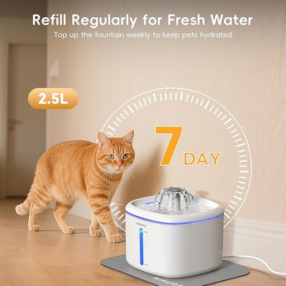 Cat Water Fountain,84oz/2.5L Pet Cat Fountain – Ultra Quiet Upgraded Automatic Pet Water Dispenser with 3 Replaceable Filters, Indoor Cat & Dog Drinking Bowl (with mat)