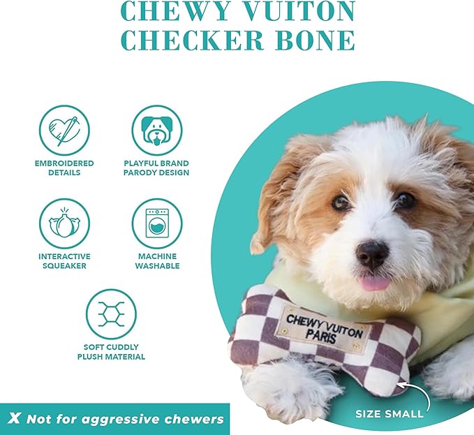 Haute Diggity Dog Checker Chewy Vuiton Bone, Plush Designer Dog Toys with Interactive Squeaker, Stimulating Pet Enrichment, Machine-Washable & Safe Materials for All Breeds, Size Large