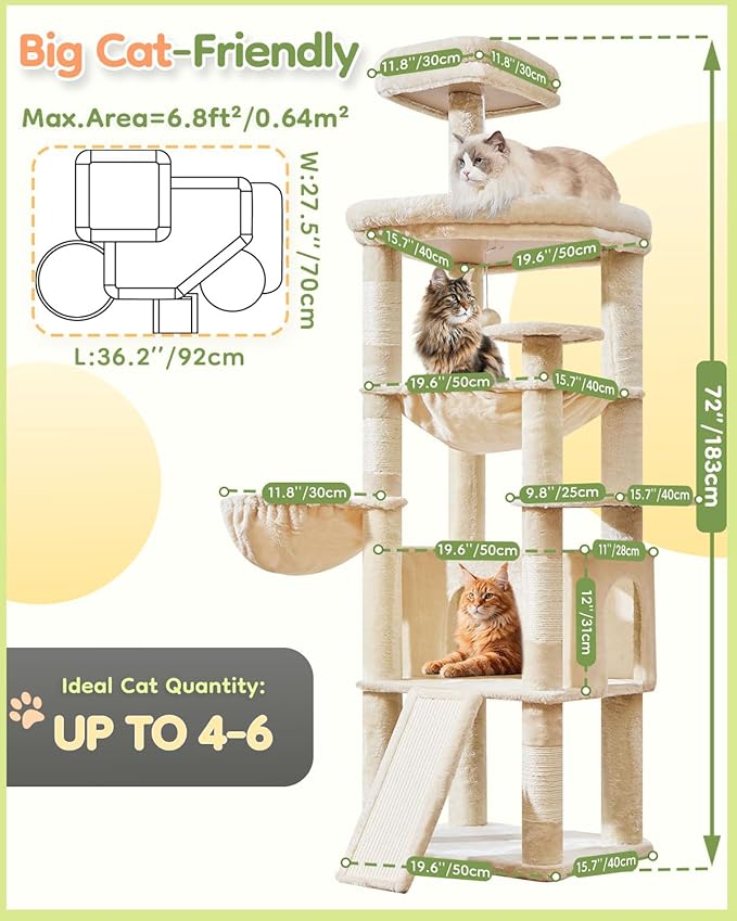 Taoqimiao 72 Inches Cat Tree for Large Cats, Multi-Level Tall Cat Tower, Widened Cat Condo with Large Scratch Board, 5 Scratching Posts, Metal Hammcock, Cozy Basket, Beige, MS045M
