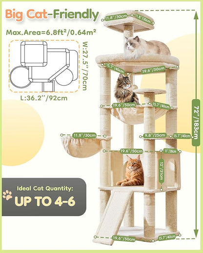 Taoqimiao 72 Inches Cat Tree for Large Cats, Multi-Level Tall Cat Tower, Widened Cat Condo with Large Scratch Board, 5 Scratching Posts, Metal Hammcock, Cozy Basket, Beige, MS045M