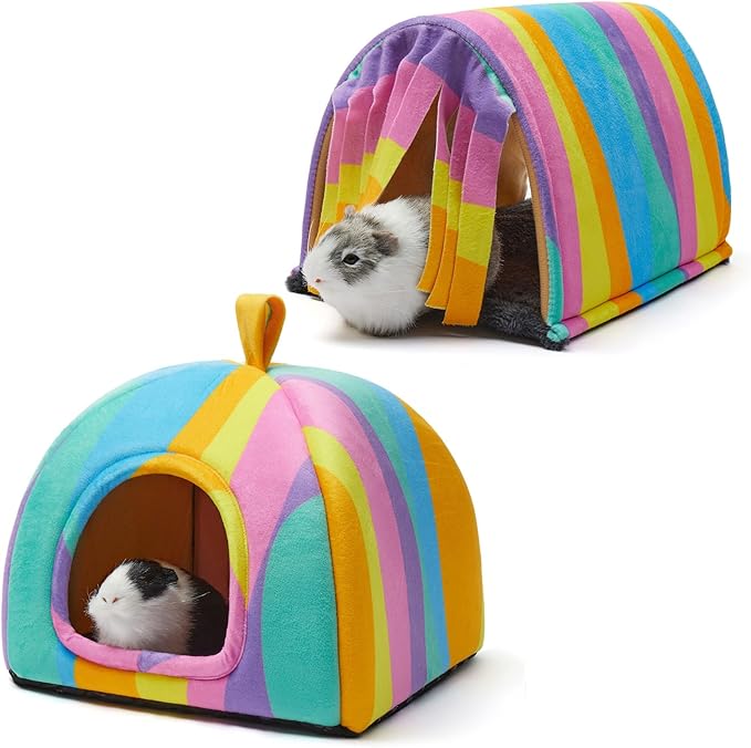 TailoWag Guinea Pig Hideout Soft Large Bed Tunnel with Door Curtain 2 Pack Guinea Pig Toys Set Bunny Bed Cage Accessories for Small Animals (Rainbow)