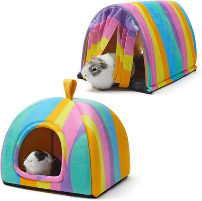 TailoWag Guinea Pig Hideout Soft Large Bed Tunnel with Door Curtain 2 Pack Guinea Pig Toys Set Bunny Bed Cage Accessories for Small Animals (Rainbow)