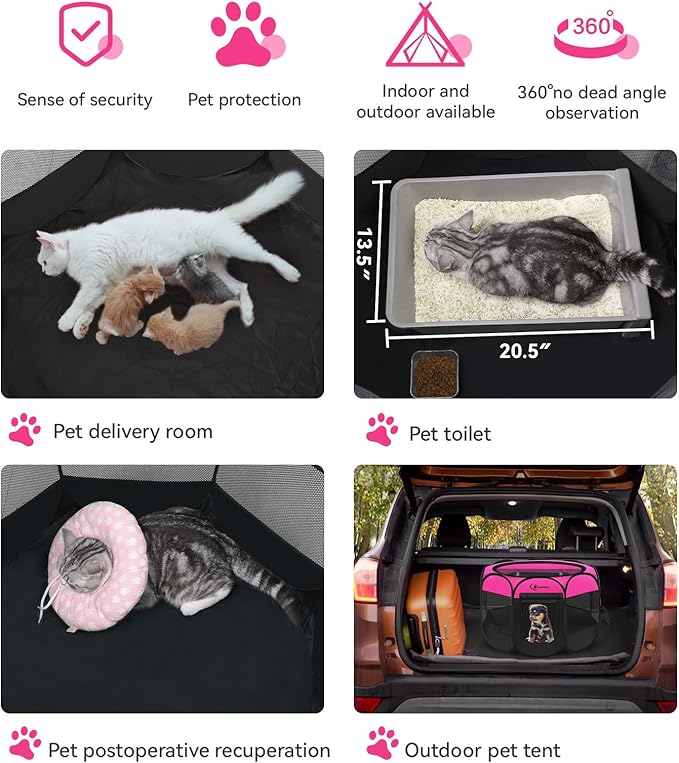 Dog Playpen, Puppy Pet Playpens Indoor for Small Dogs Tent Crates Cage Indoor/Outdoor, Portable Pop Up Dog Kennel Playpen with Carrying Case for Dogs/Cats/Rabbits, Hot Pink