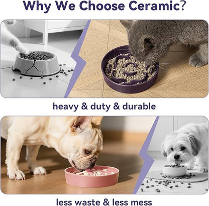 Ceramic Dog Slow Feeder Bowl - Small Dog Food Dish with Maze Puzzle Design - Slow Eating Puzzle Feeder for Pet Feed & Food Control - Whisker-Friendly Bowl for Cat Feeding - 6.3 Inch - 180 g - Purple