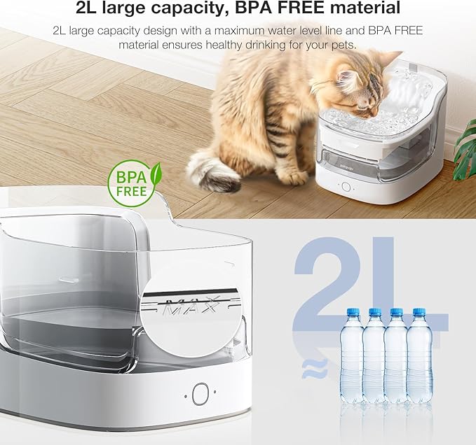 Cat Water Fountain, Automatic Water Dispenser, 2L Pet Water Fountain Transparent Water Tank, 8 Layers Filters Cat Fountain Dog Water Fountain Wireless Pump 2.4G WiFi PF1L