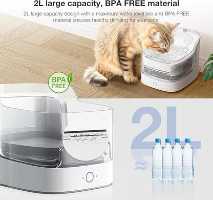 Cat Water Fountain, Automatic Water Dispenser, 2L Pet Water Fountain Transparent Water Tank, 8 Layers Filters Cat Fountain Dog Water Fountain Wireless Pump 2.4G WiFi PF1L