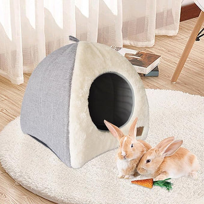 kathson Rabbit Bed Warm Hideout Bunny Cave Beds House Cozy Guinea Pig Hideouts with Foldable Winter Sleeping Nest for Small Animals Cats Hamsters Chinchillas Ferrets (Creamy White)
