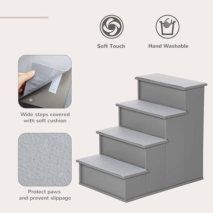 PawHut Pet Stairs, Small Pet Steps with Cushioned Removable Covering for Dogs and Cats Up to 22 Lbs., Grey