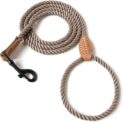 Mile High Life Dog Leash, Braided Cotton Rope Leashes with Leather Tip - Heavy Duty Metal Clasp, 4FT, 1/3" Thick - Wedding, Walking Leash for Small Medium Dogs(Camel)