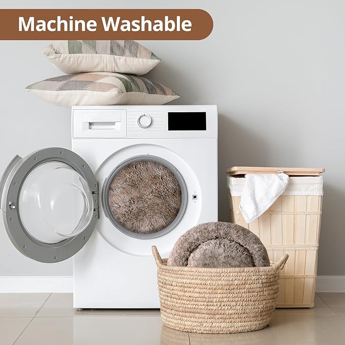 JOLLYVOGUE Small Dog & Cat Beds for Indoor Cats, Donut Cuddler Warming Soft Dog Beds with Anti-Slip Bottom, Round Calming Fluffy Plush Faux Fur Cushion Bed for Medium Dogs (27", Smoke Brown)