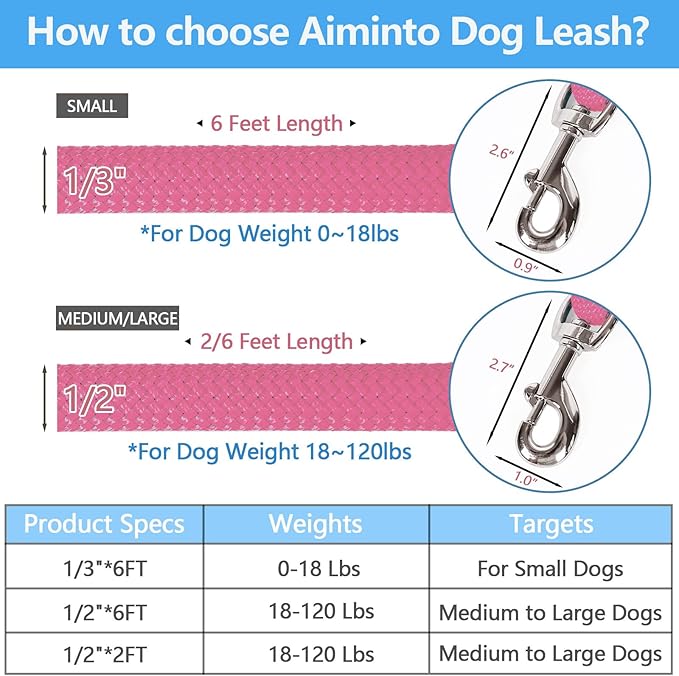 Dog Leash, Braided Rope Traction – Walking Training Lead for Small Dogs ((1/3") x 6FT, Pink)