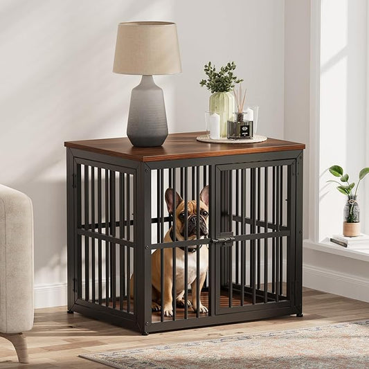 Lyromix 27'' Dog Crate Furniture with 3 Doors,Wooden Crate End Table Heavy Duty Indoor Puppy Cage for Small Dogs, Multiple Units Can be Combined, Walnut