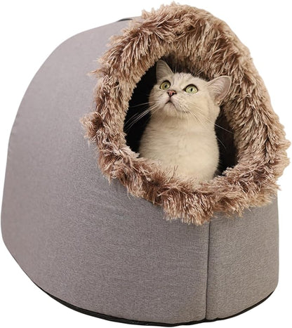 WinterWarmPet CaveBed, Warm Enclosed Pet Bed, Portable Cold-Proof Cozy Cat House Comfortable Anxiety-Relief Pillow Bed (Brown, Medium)