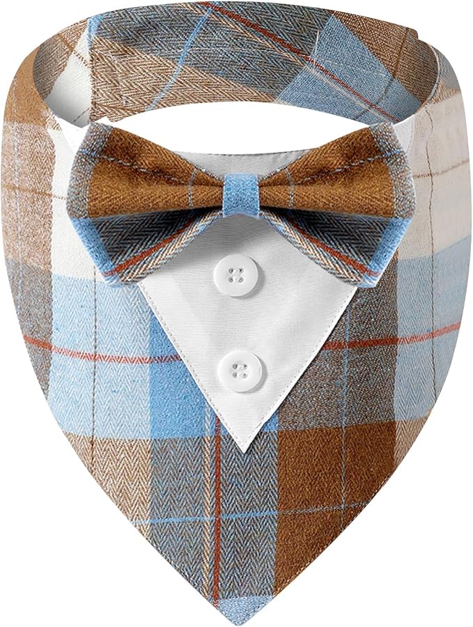 HDGDT Fall Dog Tuxedo Bandana, Orange Plaid Pet Collar with Bowtie, Adjustable Halloween Thanksgiving Dog Tux Costume for Small to Extra Large Pets