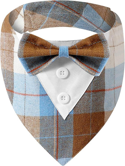 HDGDT Fall Dog Tuxedo Bandana, Orange Plaid Pet Collar with Bowtie, Adjustable Halloween Thanksgiving Dog Tux Costume for Small to Extra Large Pets