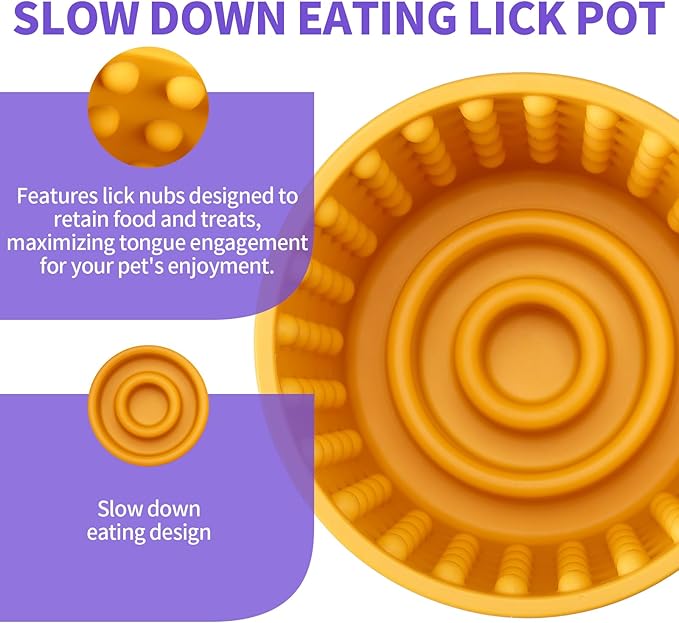 Anxiety Relief Slow Feeder Dog Lick Mat Treat Dispenser, Non-Slip Licking Bowl - Dog Enrichment Toys for Small, Medium & Large Breeds, BPA Free Silicone (Yellow, M-L)