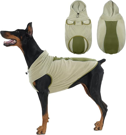Fleece Dog Sweater - Stretch Warm Dog Fleece Jacket Vest Sweatshirt with Hood, Leash Hole, Sleeveless & Reflective - Soft Pullover Hoodie for Medium Large Dogs, Fall & Winter Walks - Green 5XL