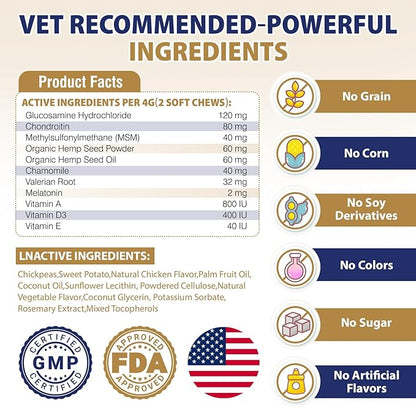 Hip and Joint Supplement for Dogs 200 Hemp Dog Calming Chews with Glucosamine, Chondroitin, Msm, Omega3, Melatonin for Senior Dogs Anxiety Pain Relief Anti Inflammatory Small/Medium/Large Dog -Chicken