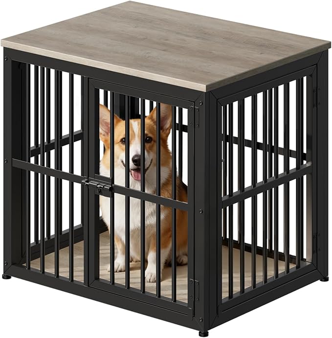 Lyromix 27'' Dog Crate Furniture with 3 Doors,Wooden Crate End Table Heavy Duty Indoor Puppy Cage for Small Dogs, Multiple Units Can be Combined, Grey