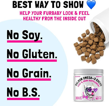 Omega 3 Alaskan Salmon Oil Treats for Dogs 30 Fish Oil Chew Supplement Skin and Coat Allergy and Itch Relief Hip & Joint Health Brain Shedding Hot Spots Treatment Omega 3 6 9 EPA & DHA Fatty Acids
