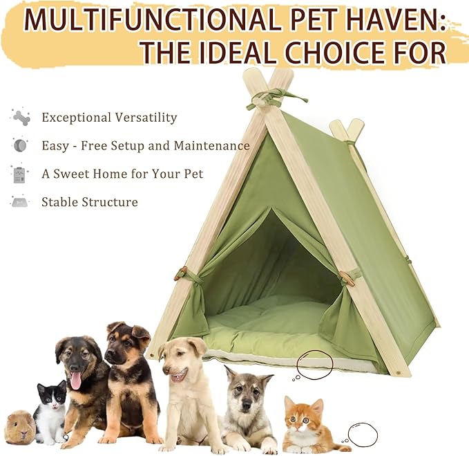 Dog Teepee Tent Bed Indoor,Pet Teepee House for Small Dogs & Cats,Thick Washable Cushion,Portable Dog Tent Bed, Puppy Play House,Grass Green