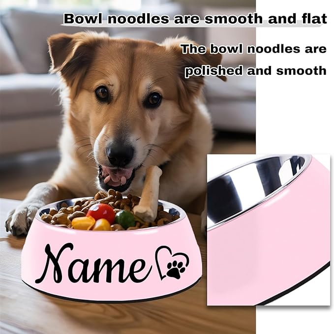 Personalized Stainless Steel Dog & Cat Food/Water Bowls – Custom Pet Name, Non-Slip, Easy Clean Feeding Dishes with Separate Plates(Pink)