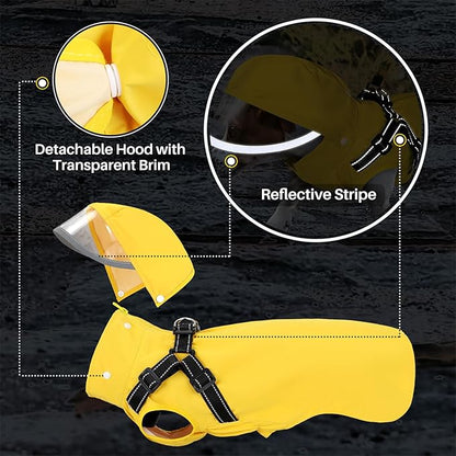 SlowTon Dog Raincoat Waterproof - Dog Rain Jacket with Harness and Hood Lightweight, Reflective Dogs Rain Coat for Large Medium Small Dogs Girl Boy Puppy Poncho Pet Clothes (Yellow, 2XL)