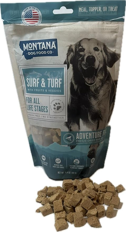 MONTANA DOG FOOD CO. Freeze-Dried Raw Surf & Turf Recipe Dog Food – Grain-Free, High-Protein Meal or Topper, Made in USA with USA Ingredients -16 oz Bag