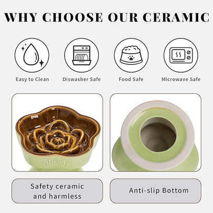 S&Q's CERAMICS Raised Slow Feeder Cat Bowl, Ceramic Elevated Cute Pet Food Bowl Small Dogs Slow Feeder, Flower Shaped Cute Cat Dish for Dry and Wet Food (Brown, 5.8")
