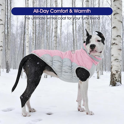 FUAMEY Dog Coat for Medium Dogs,Waterproof Dog Winter Jacket with Harness Built in Puppy Cold Weather Coats Reflective Pet Vest with Zipper Warm Fleece Dogs Snowsuit Windproof Pink M