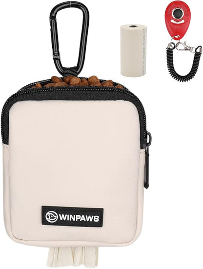 Dog Treat Pouch with Training Clicker,Waterproof Nylon Fabric Poop Bag Holders for Leashes,Hands Free Small Dog Walking Bag with Carabiner, Pet Puppy Training Walking Essentials (Beige)