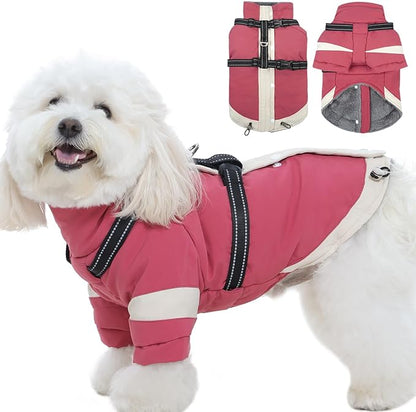 XS Dog Winter Coat with Harness Built in - Turtleneck with Sleeves| Water-Repellent Reflective Jackets for Night,Warm Puppy Clothes for Snow Cold Weather,Chihuahua (Pink)