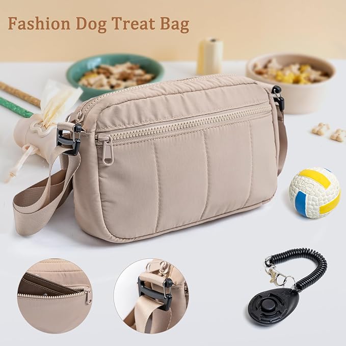 Fashion Dog Treat Pouch with Clicker Stylish Crossbody Dog Walking Bag, 3-in-1 Dog Training Treat Pouch with Removable Waterproof Liner, Treat Holder Waist Bag for Puppy Training & Daily Walks