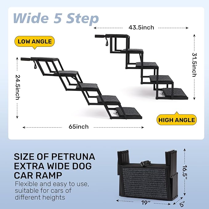 Extra Wide Dog Steps for Car, Truck and SUV - Foldable Pet Stairs for Large Dogs with Non-Slip Rug Surface, Lightweight Dog Ramp Holds Up to 250lbs, 5 Steps