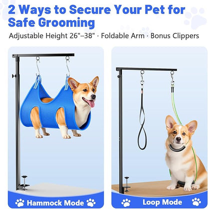 AUORC Dog Grooming Arm with Hammock, Adjustable 26"-38" Foldable Grooming Table Arm with Clamp & 2 No-Sit Holders, Heavy Duty for Small & Medium Dogs, Includes Nail Clippers (Table Not Included)