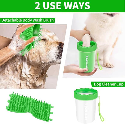 Professional 7 in 1 Dog Paw Cleaner for Dogs & Cats - Includes 1 Portable Paw Washer, 1 Bath Brush, 2 Dog Toothbrushes and 3 Absorbent Towels Note: Fits Paws 1.5 to 2.5 Inches Wide (Medium, Green)