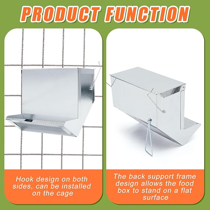 Maxcheck 2 Pcs Rabbit Feeder for Cages Small Animal Food Dispenser with Lid Metal Chicken Grit Oyster Shell Feeders Outside (7.7 Inches,Mesh Bottom,Silver)